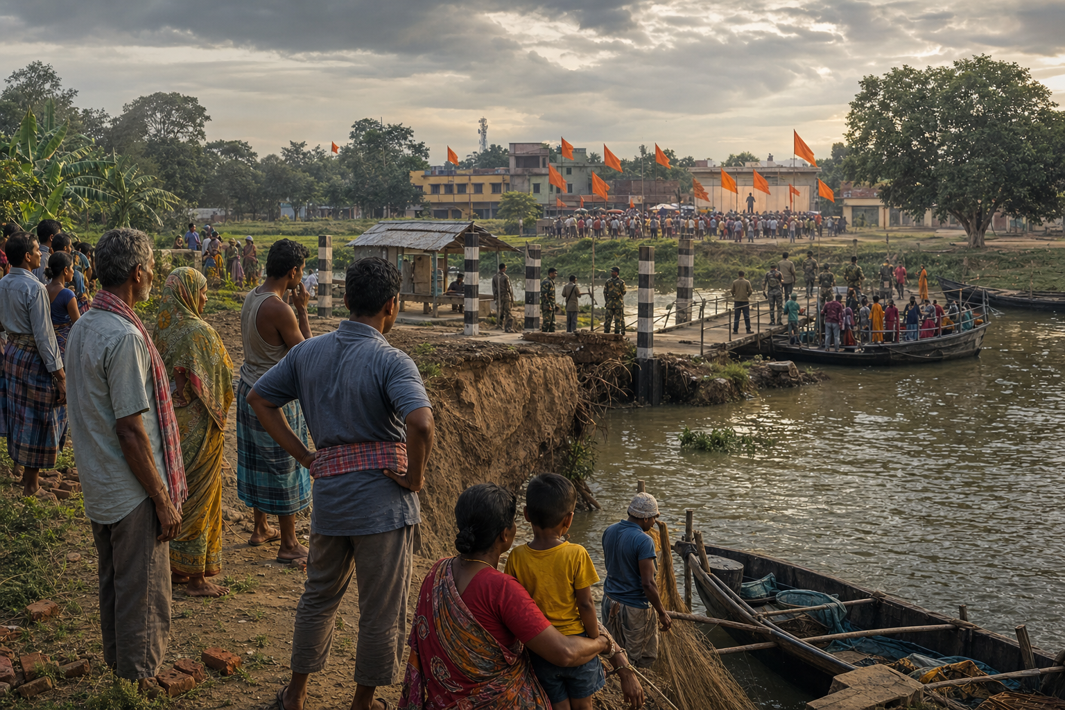 Residents gather near an eroded riverbank and guarded ferry crossing as a distant crowd holds plain saffron flags in a town square.