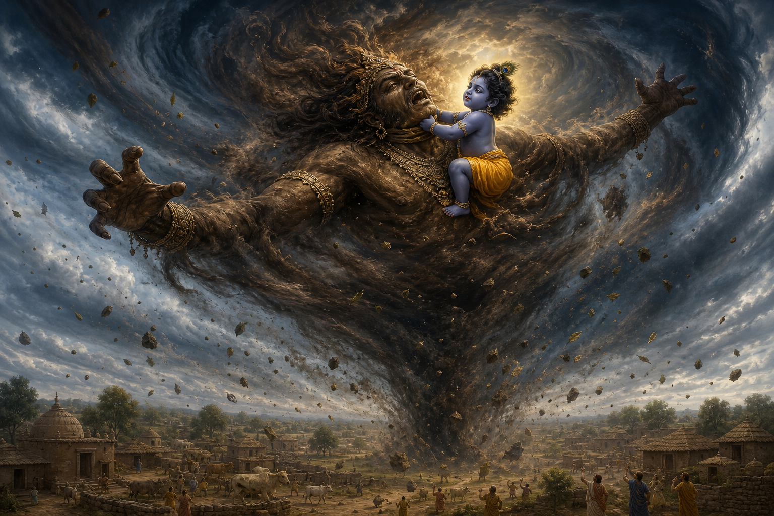 Infant Krishna grips the neck of a wind demon as their dust-filled whirlwind begins descending above the homes and cattle yards of Vraja.