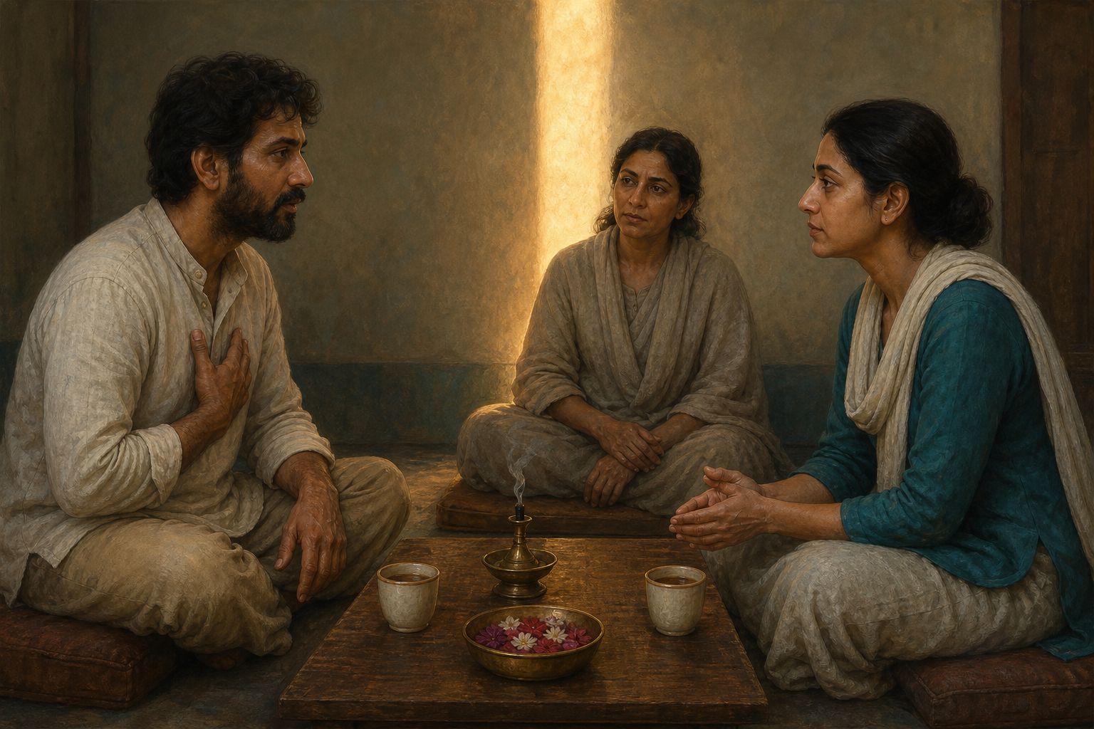 Two devotees speak across a low table during a tense but restrained conversation as a third person quietly facilitates.