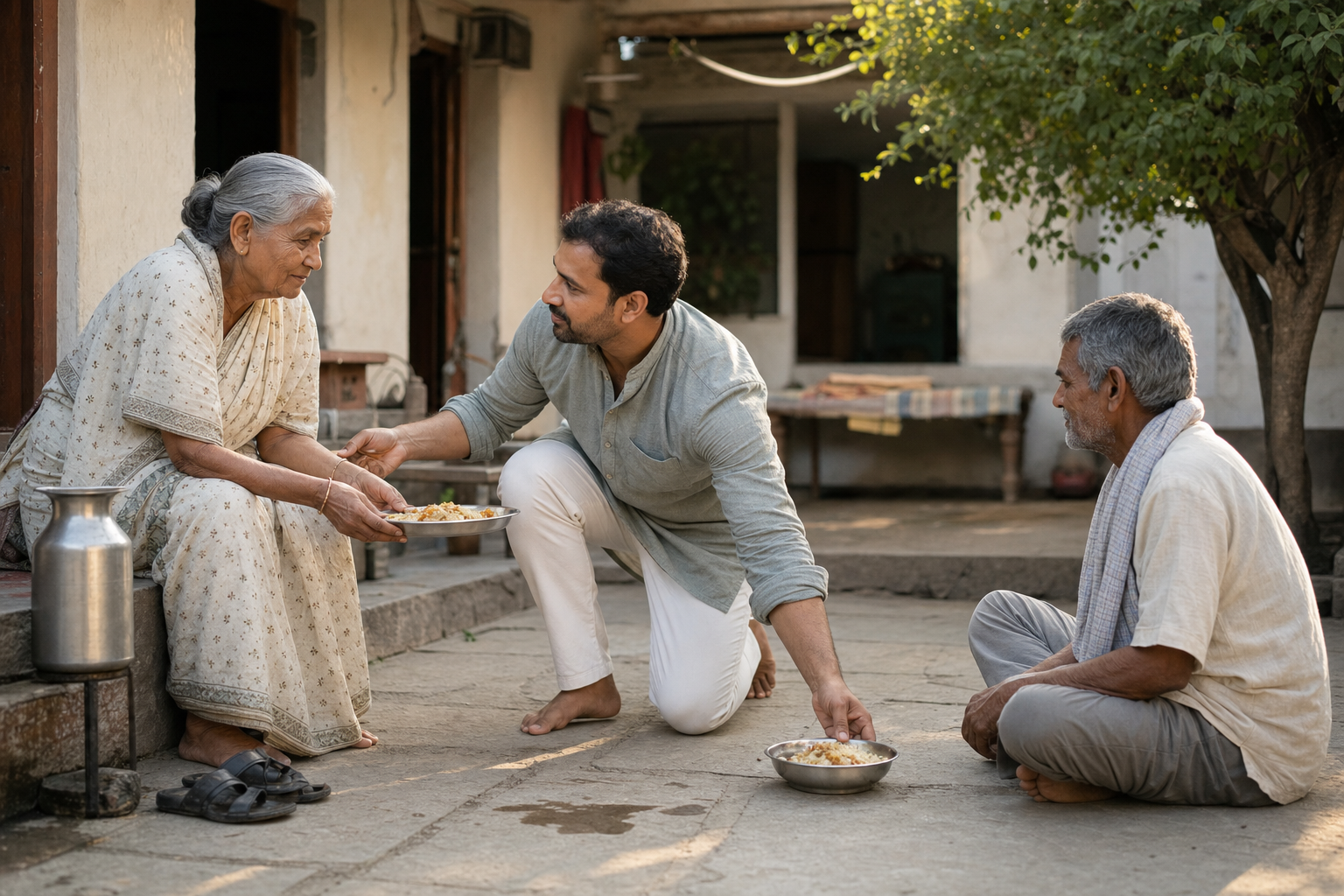 An adult serves food to an elderly family member and a neighbor in a sunlit household courtyard.