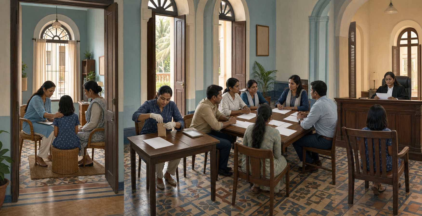 Sequential illustration of a child being brought to safety, evidence being preserved, officials coordinating and a judge reviewing the case.