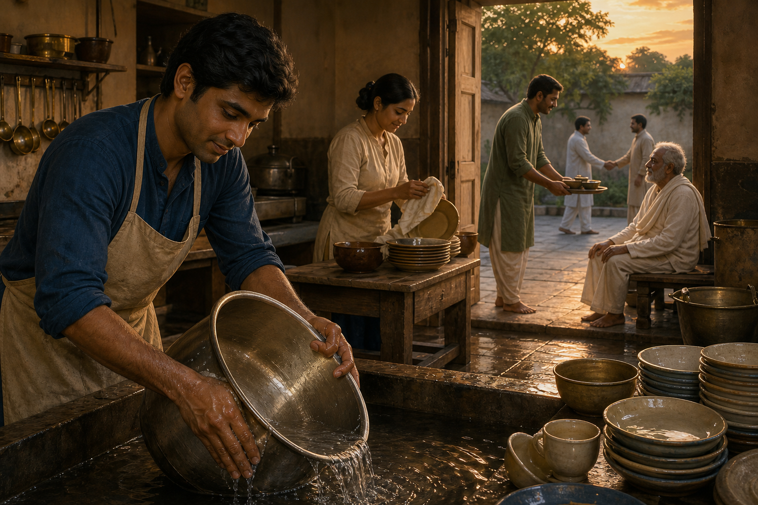 Devotees clean pots and serve an elderly community member in a temple kitchen while two people shake hands in the courtyard beyond.