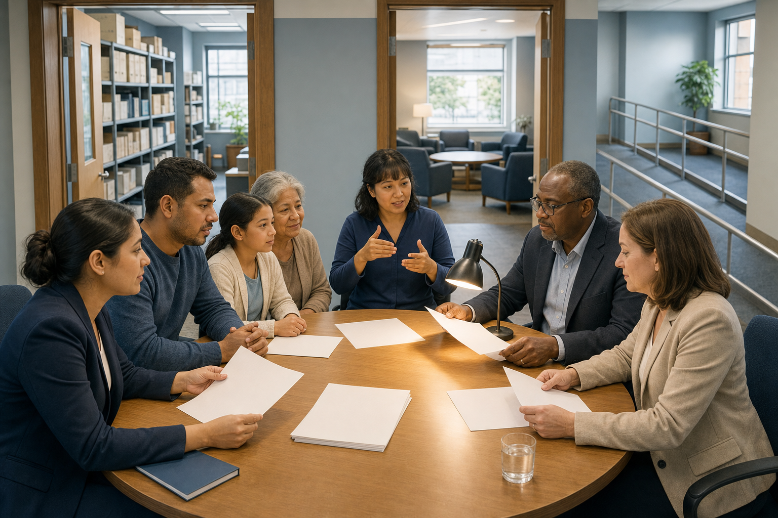 A family and legal aide sit across from civil officials reviewing blank documents in a district hearing room with an archive and separate review chamber behind them.