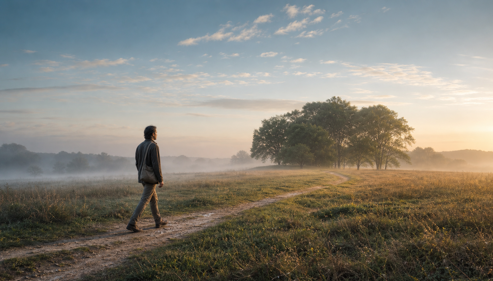A lone traveler walks steadily along a field path from cool dawn mist toward a grove lit by warm morning light.