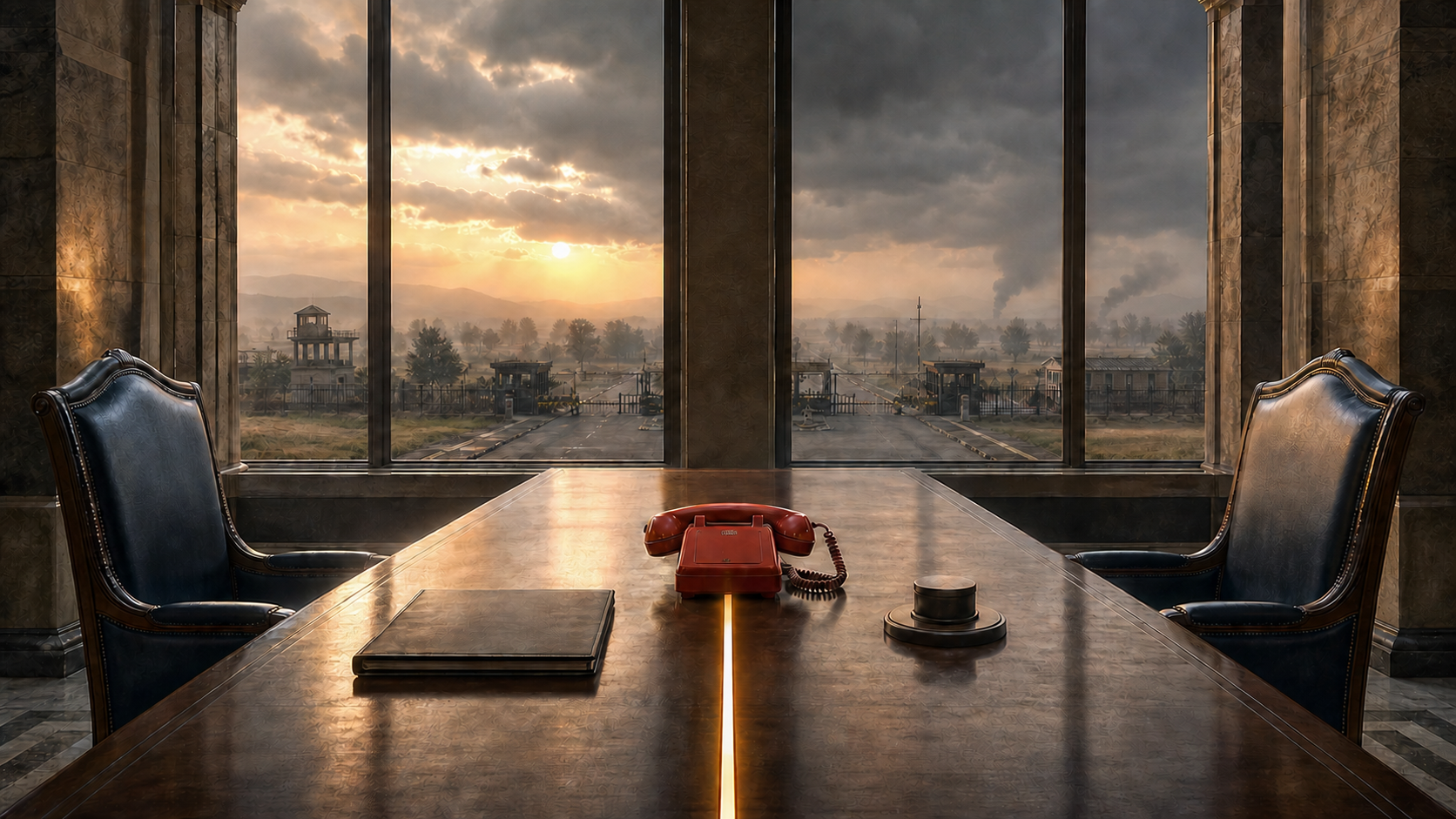 Two empty diplomatic chairs face each other across a table with a secure telephone and evidence folder, overlooking a guarded border landscape beneath storm clouds.