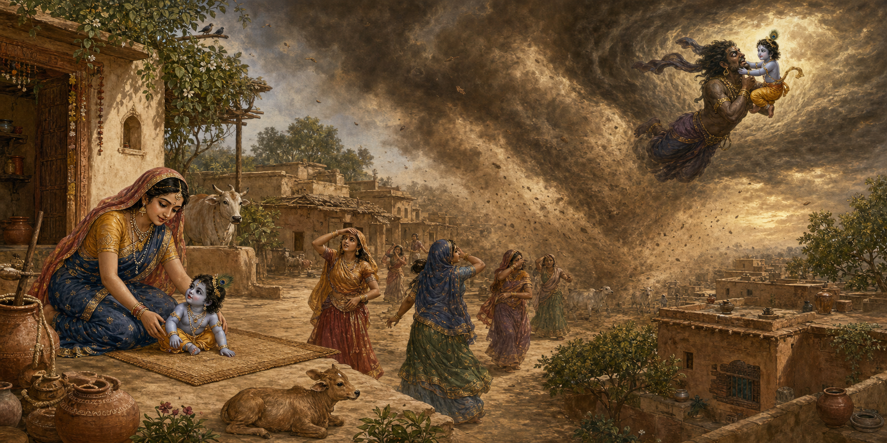 A continuous panorama shows Yashoda setting down the suddenly heavy Krishna, villagers searching in a dust storm, and Krishna weighing down Trinavarta in the sky.