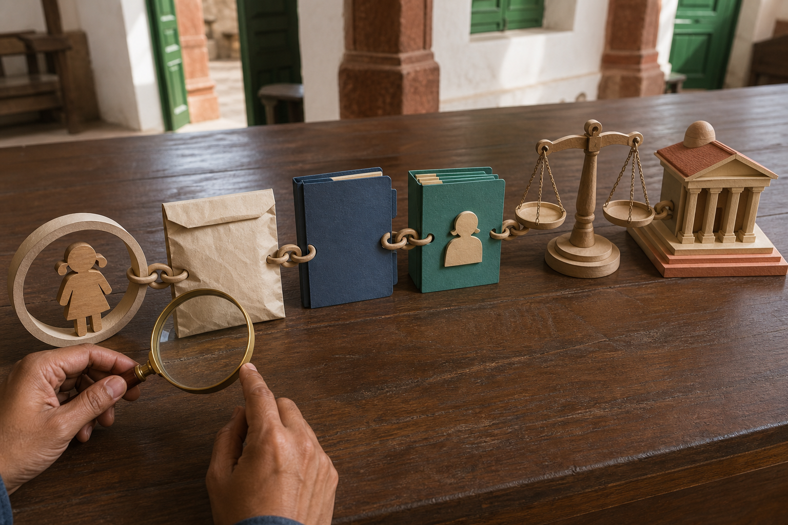 Investigator's hands inspect a linked series of child-protection, evidence, police, welfare and court objects on a wooden table.