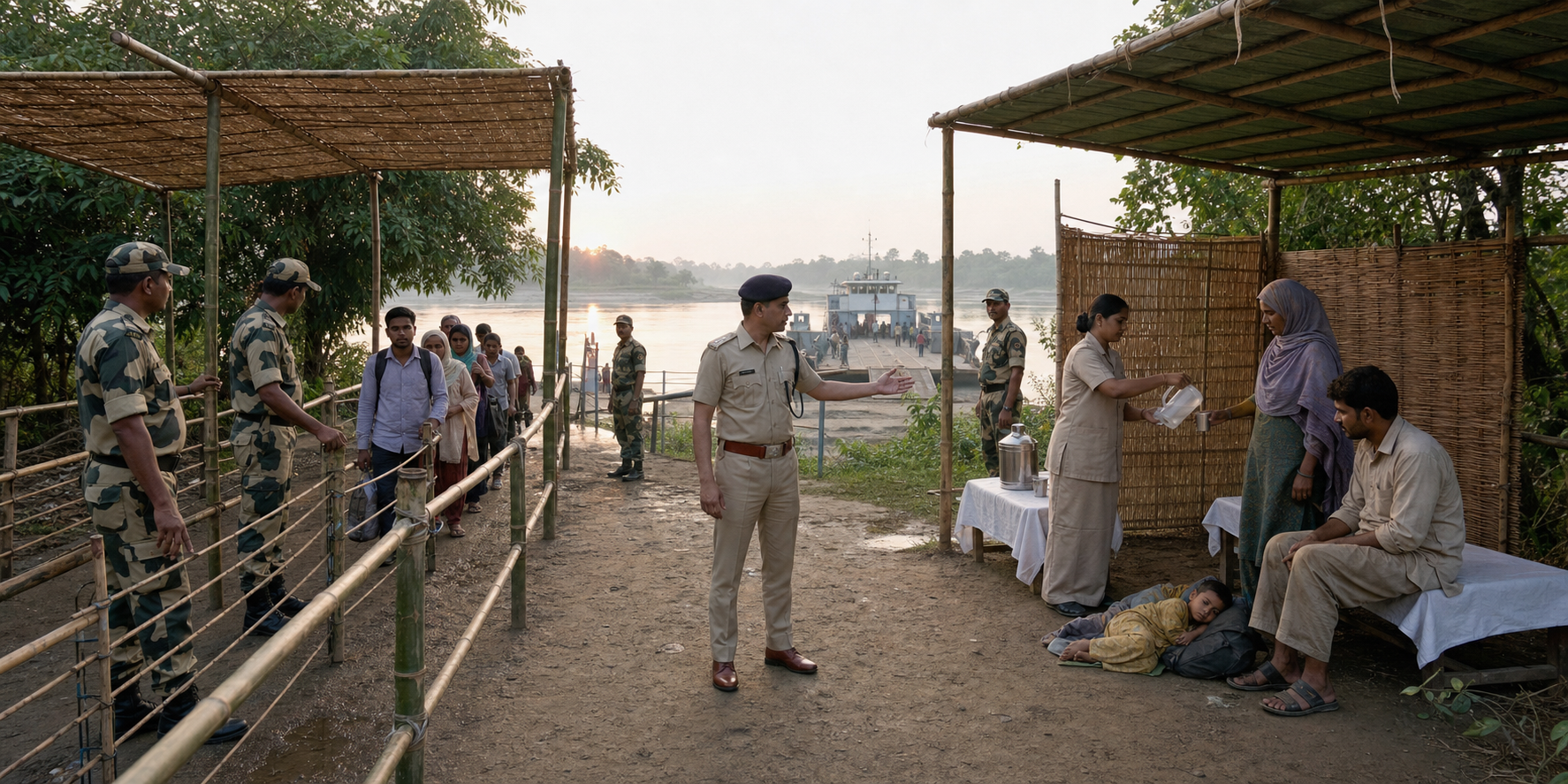 Guards manage a controlled river crossing while civilian officers offer water and private screening to a tired family at the same checkpoint.