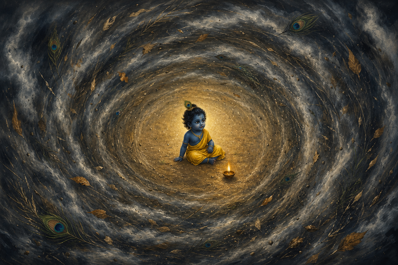 Infant Krishna sits calmly on the ground at the still center of a circular storm filled with dust, leaves, and dark clouds.