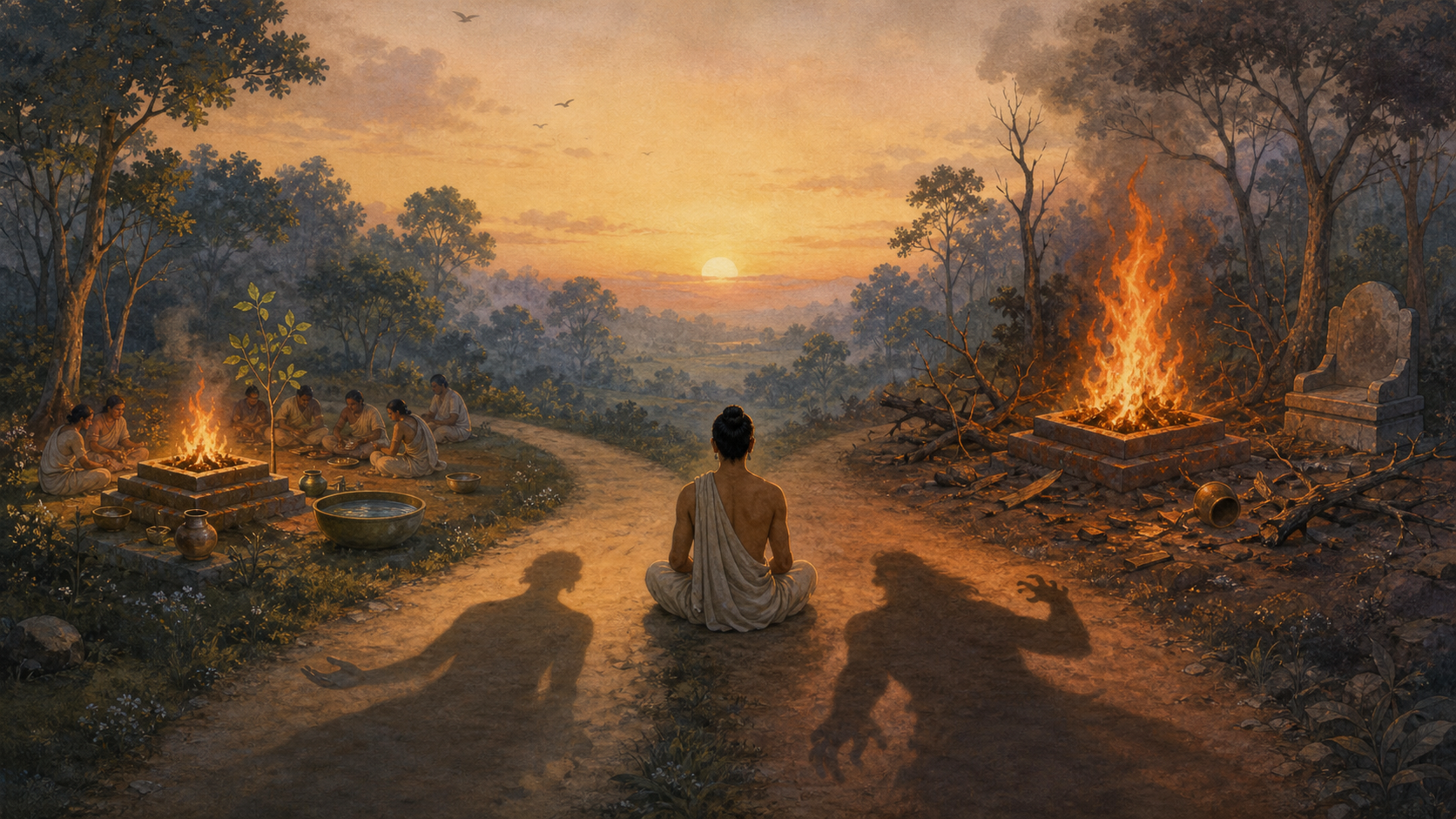 A seated practitioner faces two ritual fires, one contained beside a sapling and shared meal and the other rising beside broken branches and an overturned bowl.