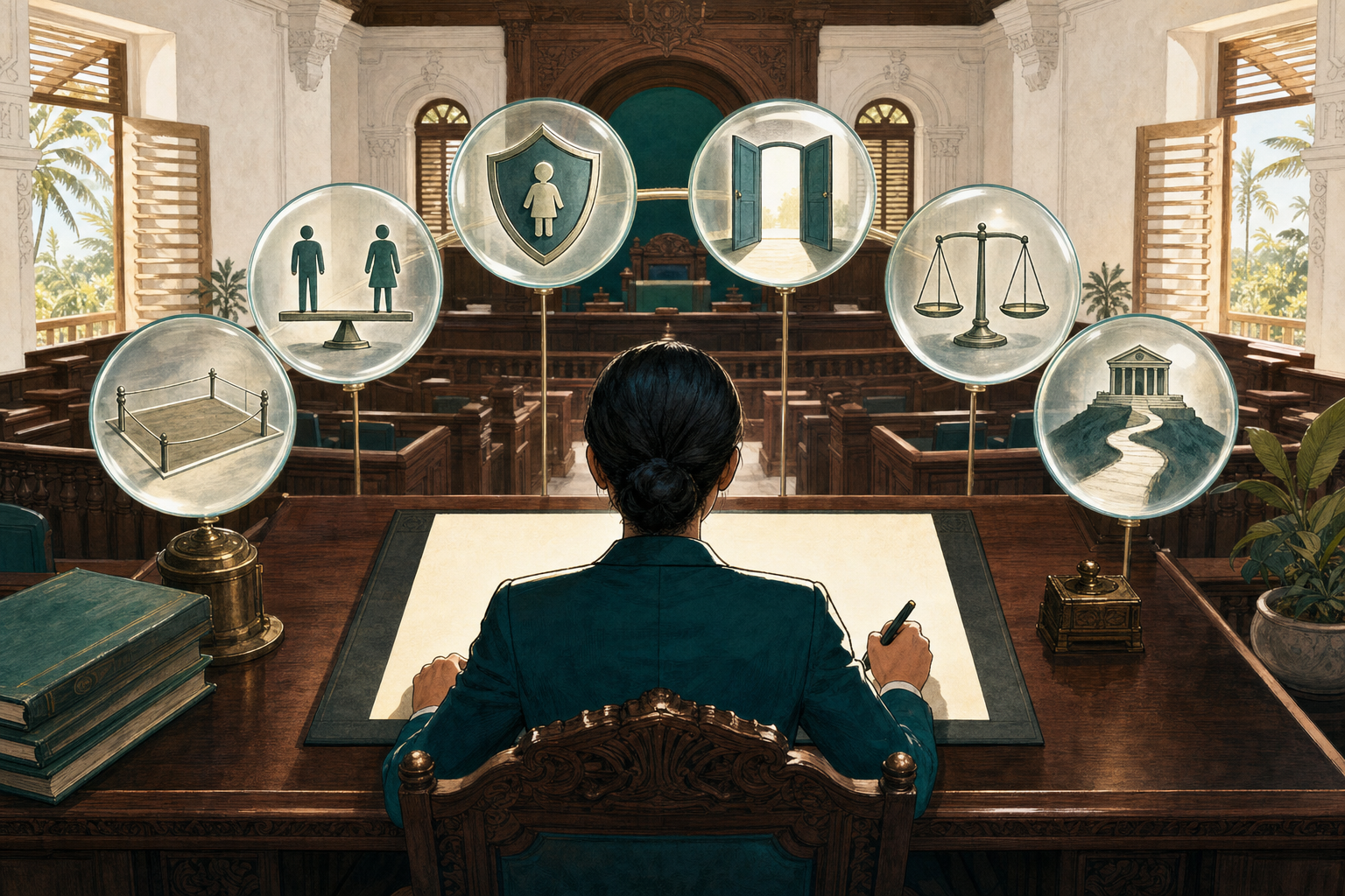 A legal drafter examines a blank bill through six lenses representing boundaries, equality, child safety, voluntary choice, evidence and judicial review.