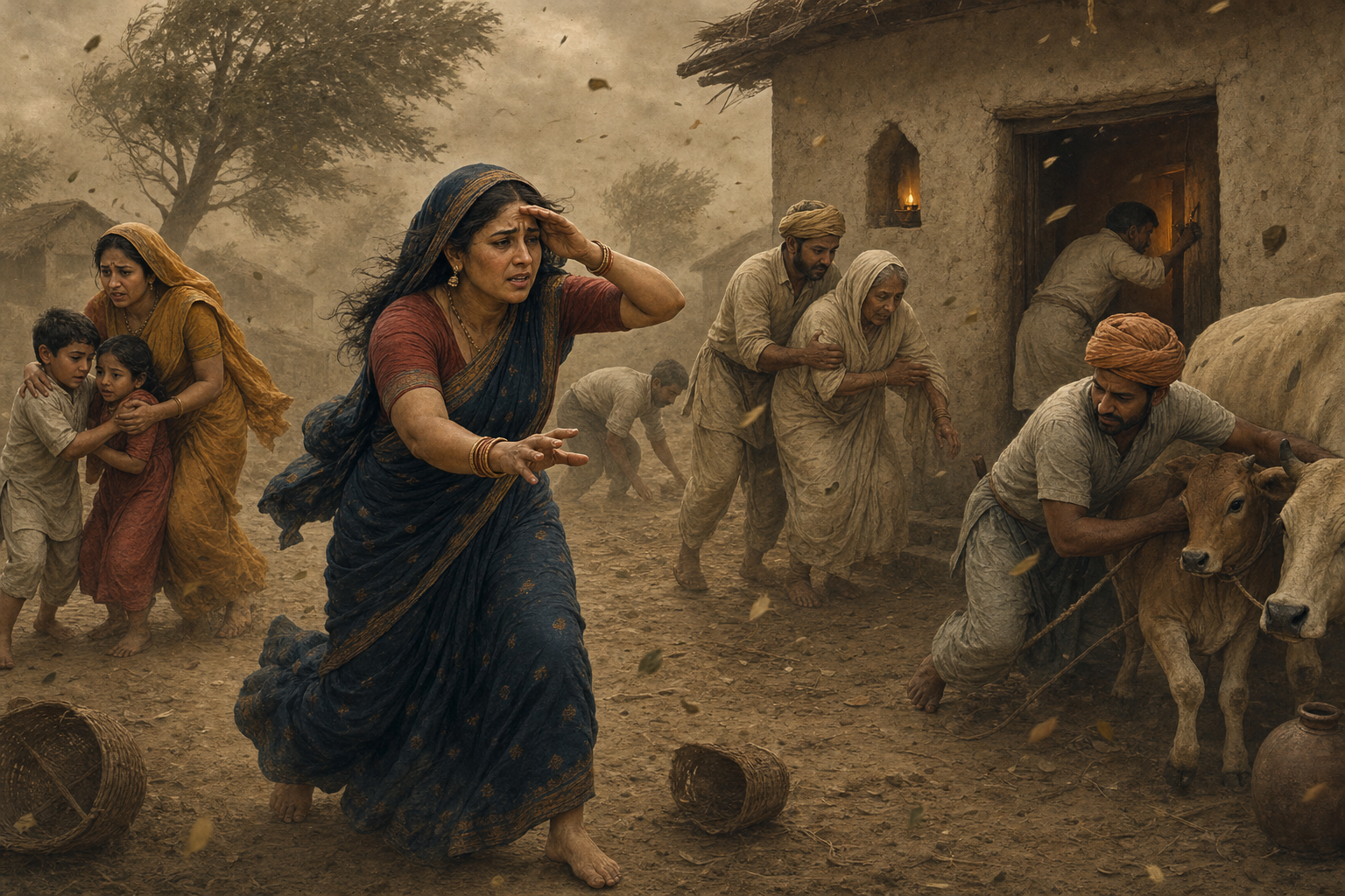 Yashoda and other villagers search through blowing dust while neighbors guide children, assist an elder, and secure frightened cattle.