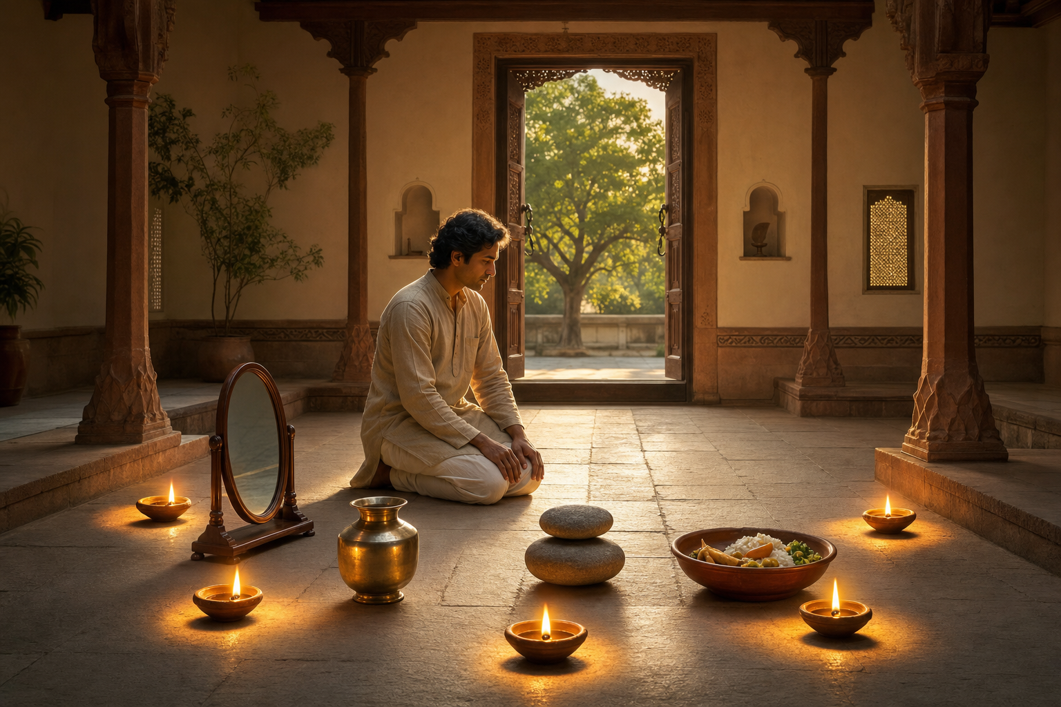 A kneeling practitioner considers five lamp-lit objects: a mirror, water vessel, balanced stones, shared food bowl, and an open doorway facing a tree.