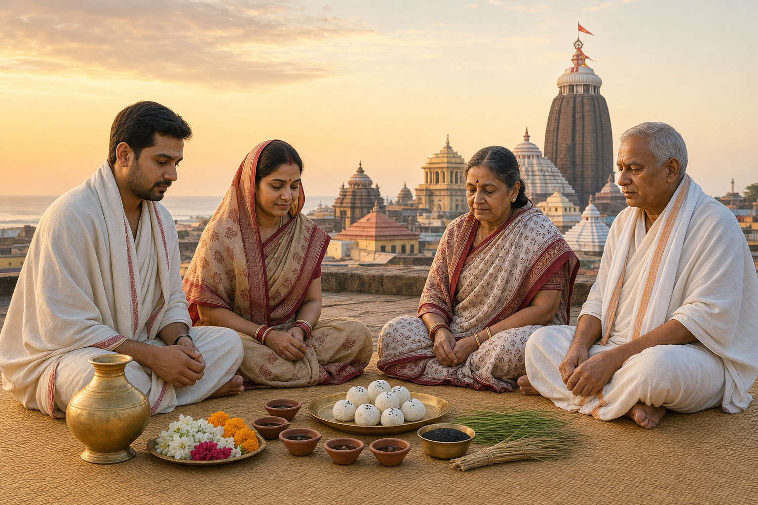 A family sits beside rice offerings, sesame, darbha grass, flowers, and a brass vessel at dawn, with the Jagannath Temple rising over Puri in the background.