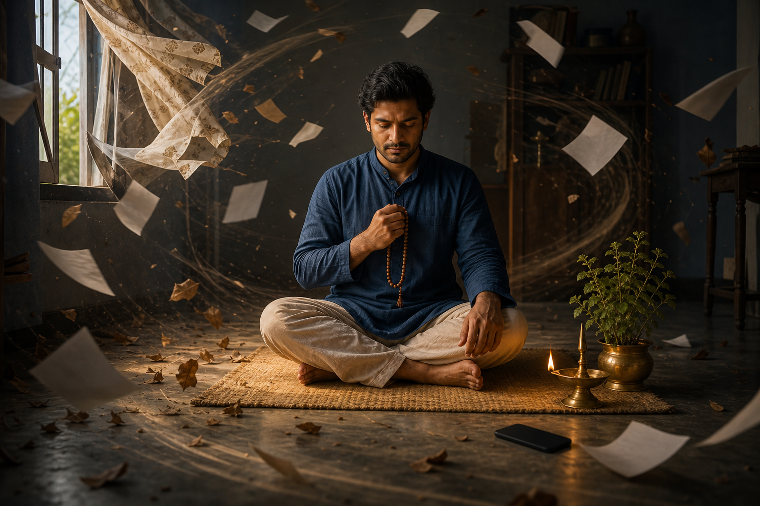 A devotee sits with prayer beads beside an oil lamp and tulasi plant while wind moves blank papers, leaves, and curtains around the room.