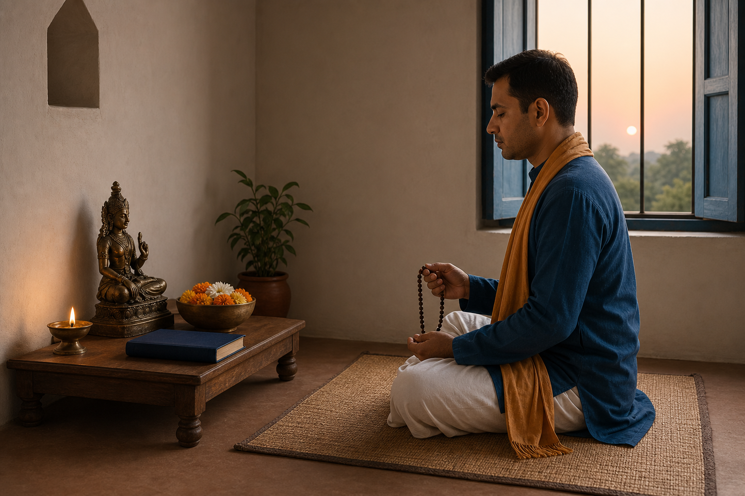 A seated practitioner uses prayer beads before a neatly arranged home shrine at dawn.