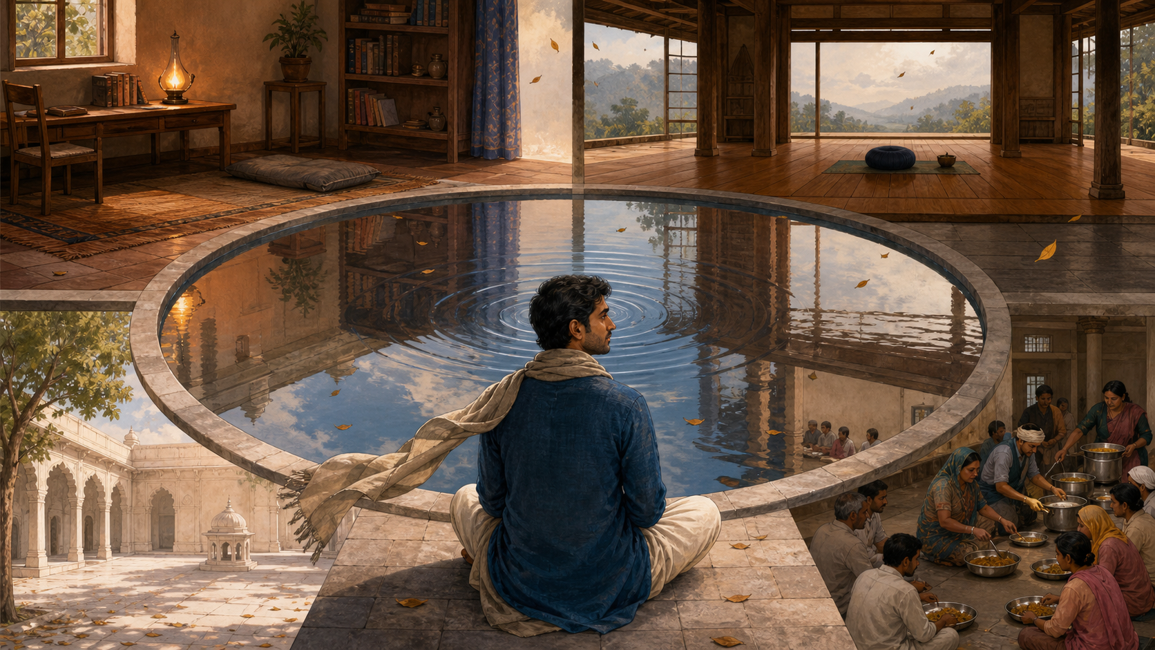 A contemplative person stands beside a circular reflecting pool surrounded by four separate settings: a home study, a meditation hall, a stone courtyard, and a communal hall.