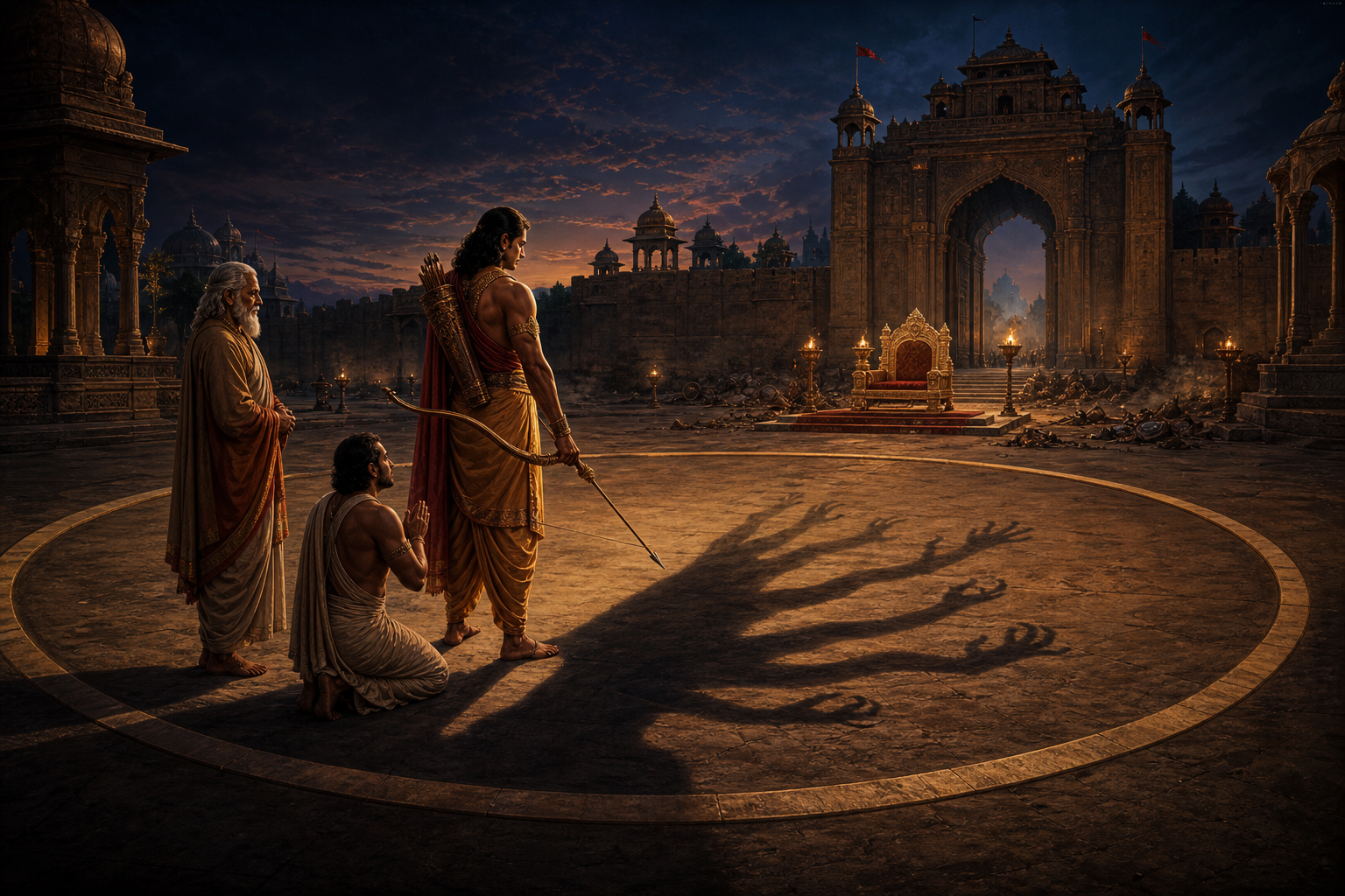 A ruler lowers a drawn bow inside a stone boundary while a many-handed shadow reaches toward an empty throne in a twilight palace courtyard.