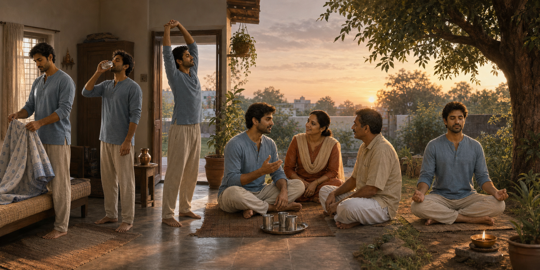 Three connected scenes show one practitioner rising and stretching at dawn, speaking calmly with relatives, and meditating beneath a tree.