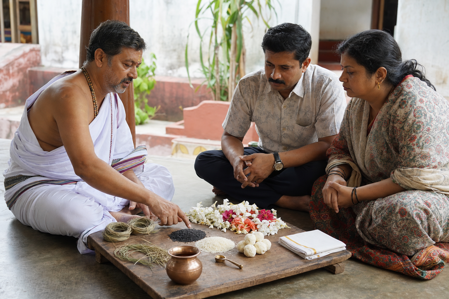 A priest consults with two family members beside neatly arranged darbha grass, sesame, rice offerings, flowers, and copper vessels.