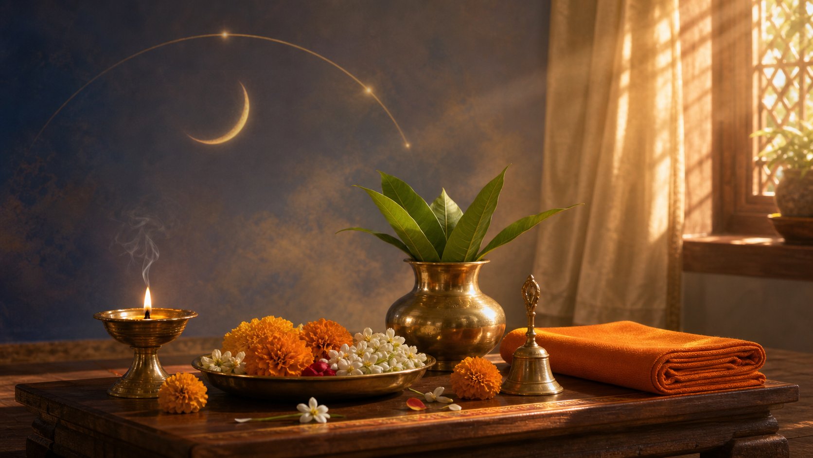 A sunlit Hindu puja arrangement with a brass lamp, kalash, flowers, bell, and a subtle waning moon motif in the background.