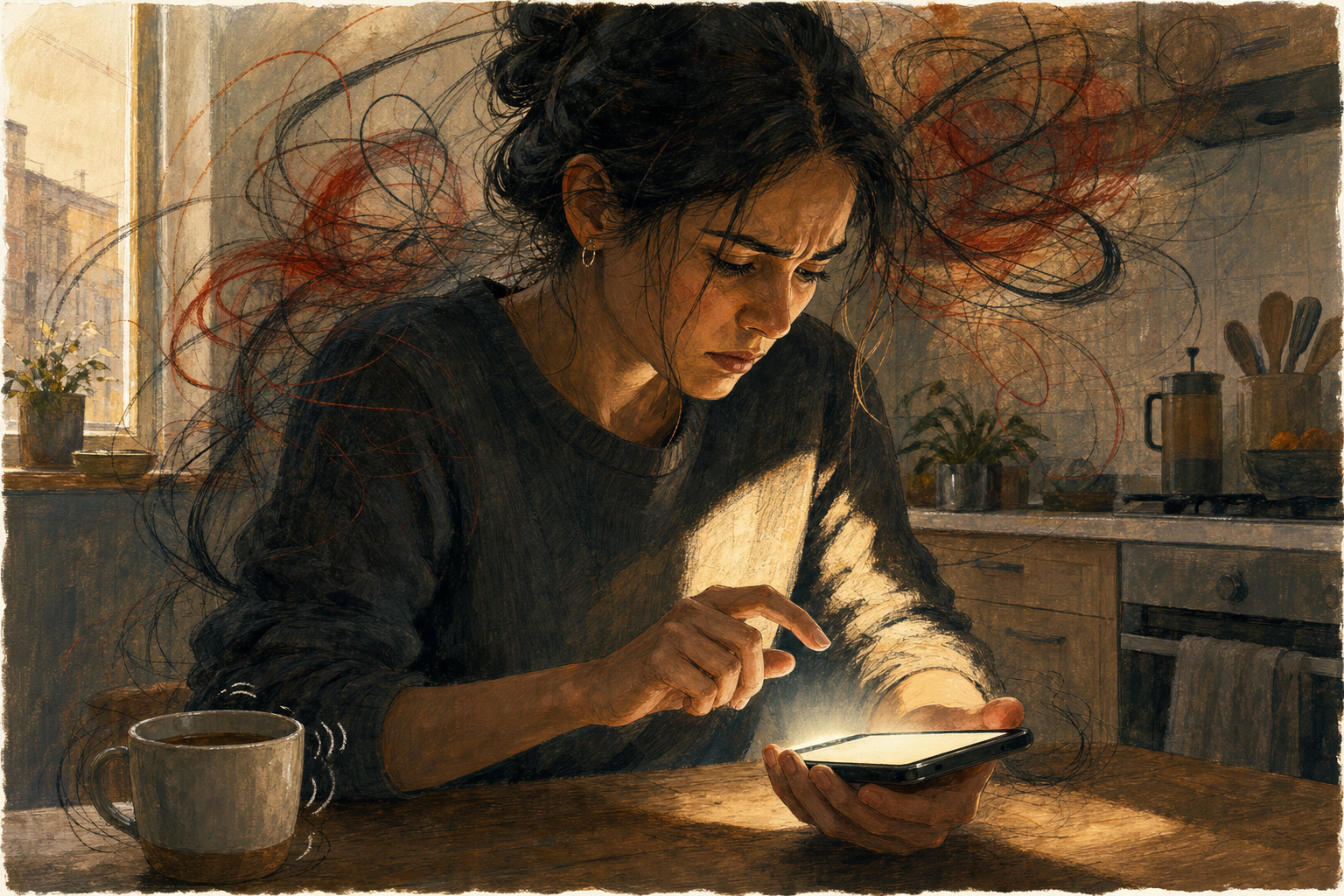 A person at a kitchen table tenses after looking at a phone, with one finger paused above the screen and abstract dark shapes gathering around them.