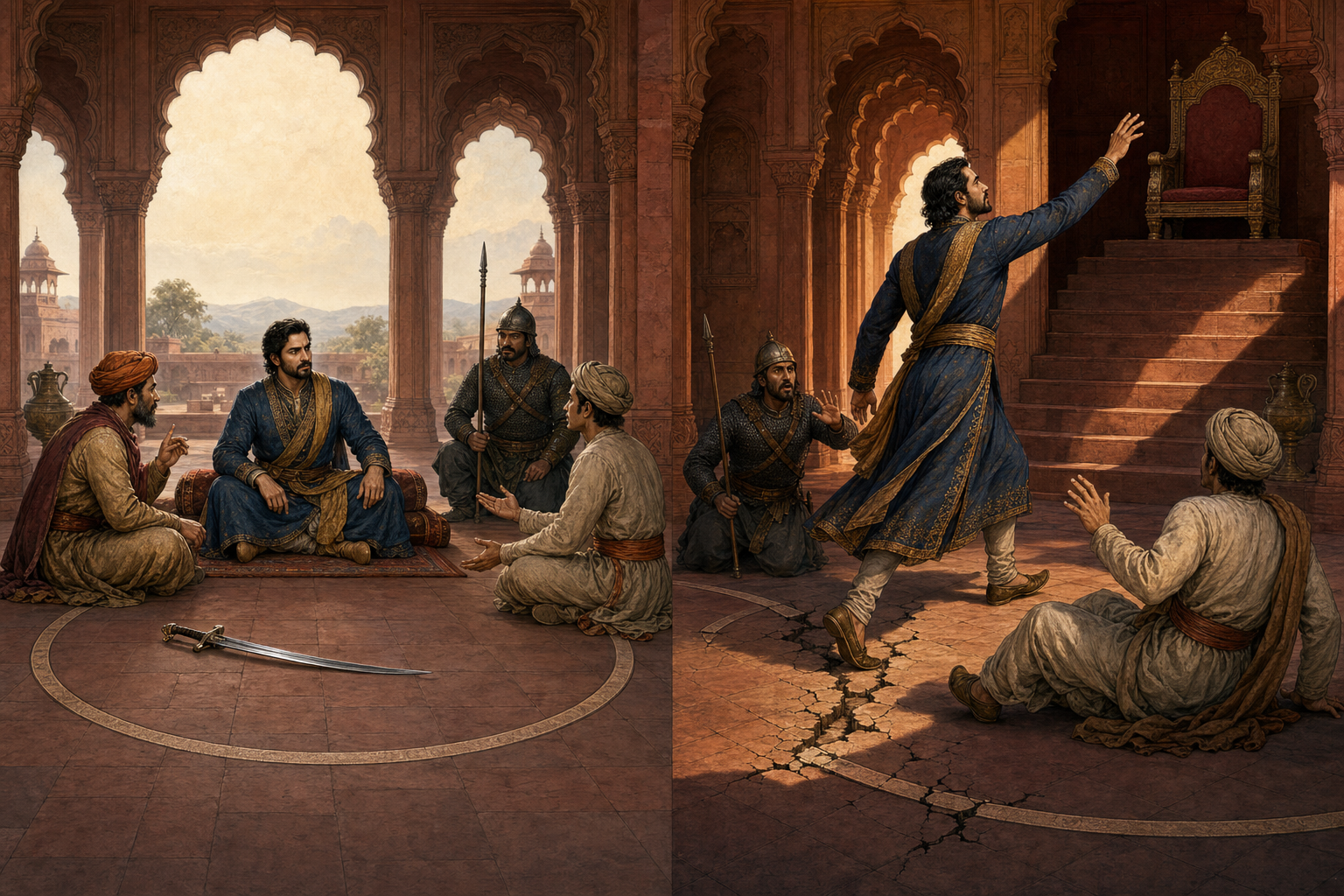 Two human rulers occupy mirrored palace chambers; one listens to counsel within an intact boundary while the other crosses a cracked boundary toward a throne.
