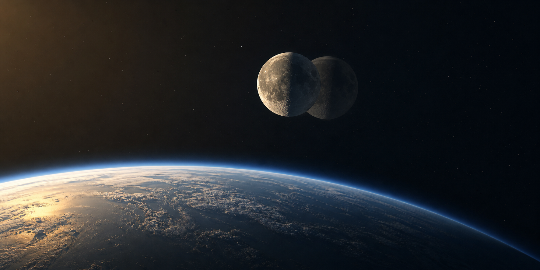 An astronomical illustration of Earth and two nearby Moon positions illuminated by sunlight, representing lunar motion during a day.