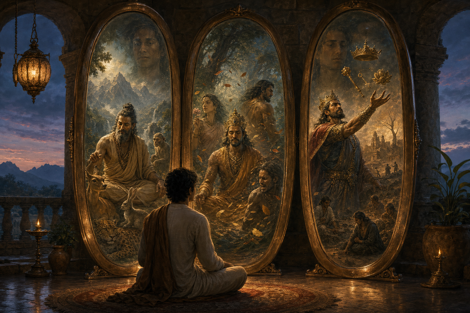 A seated seeker studies three bronze mirrors reflecting a compassionate mountain ascetic, a conflicted royal sage, and an ambitious austere ruler.