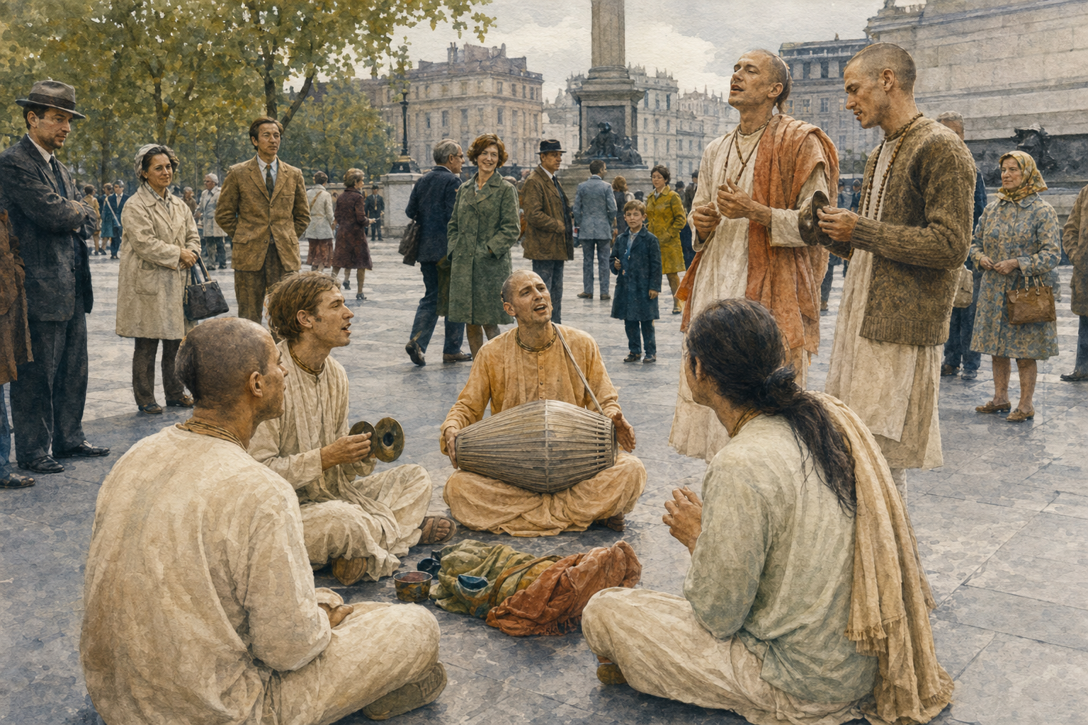 Devotional musicians perform with a drum and hand cymbals as pedestrians listen in a busy city square.