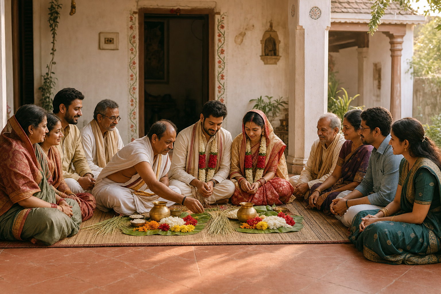 A married couple and relatives from two family groups sit around two balanced sets of ancestral offerings in a traditional Puri courtyard.