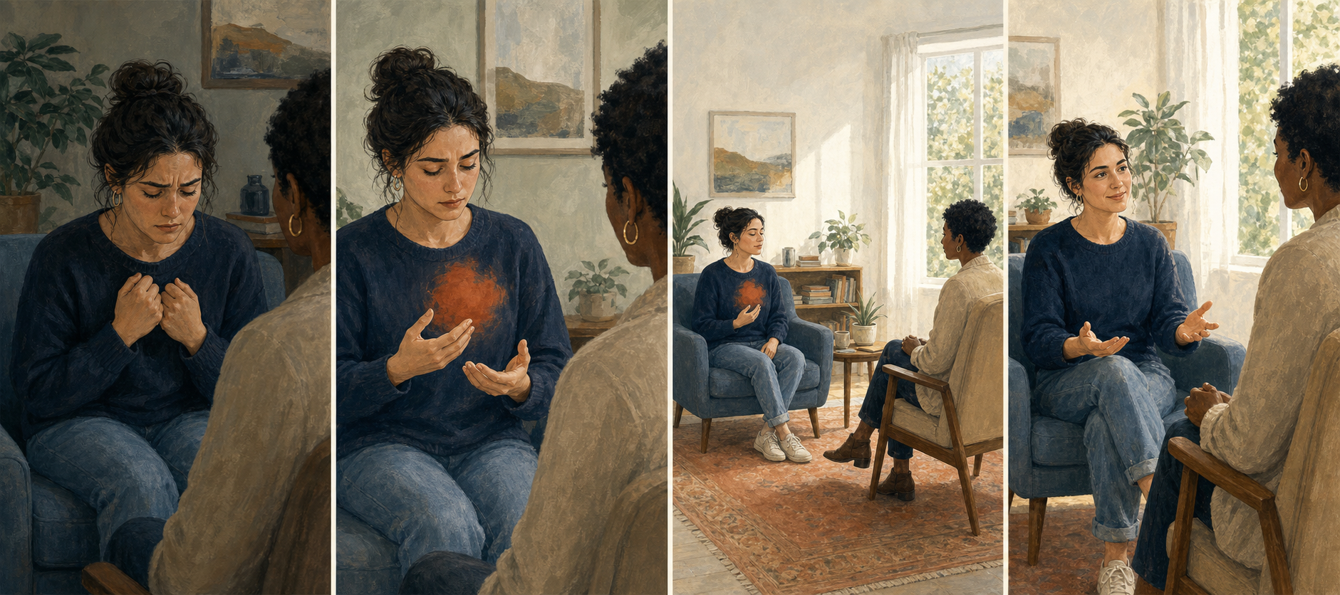 Four connected scenes show the same person noticing bodily tension, attending to an emotion, widening awareness, and responding calmly in a conversation.
