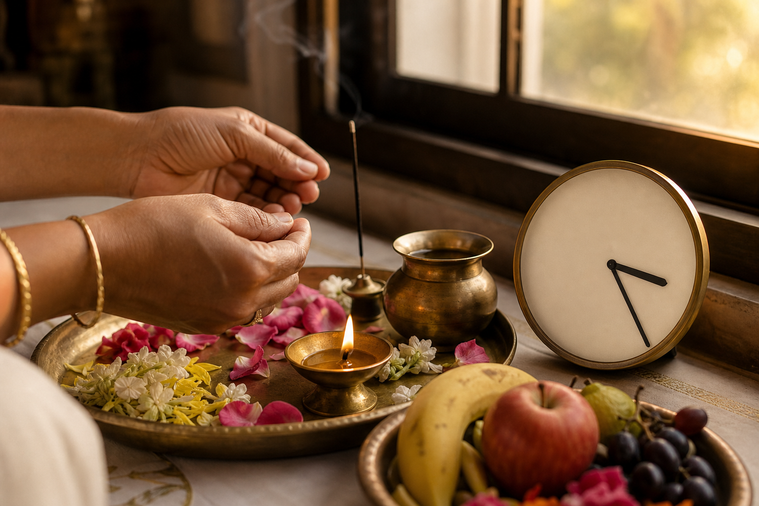 A devotee's hands pause over a prepared puja tray beside a blank-faced analog clock showing about 3:25.