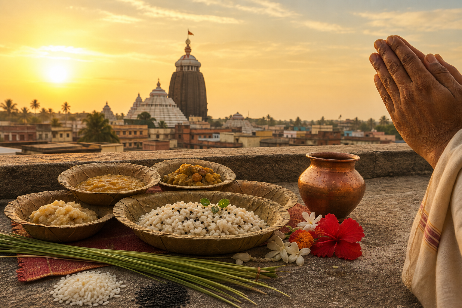 Leaf bowls of sanctified food and ancestral offerings rest before folded hands, with the Jagannath Temple visible across the rooftops of Puri.
