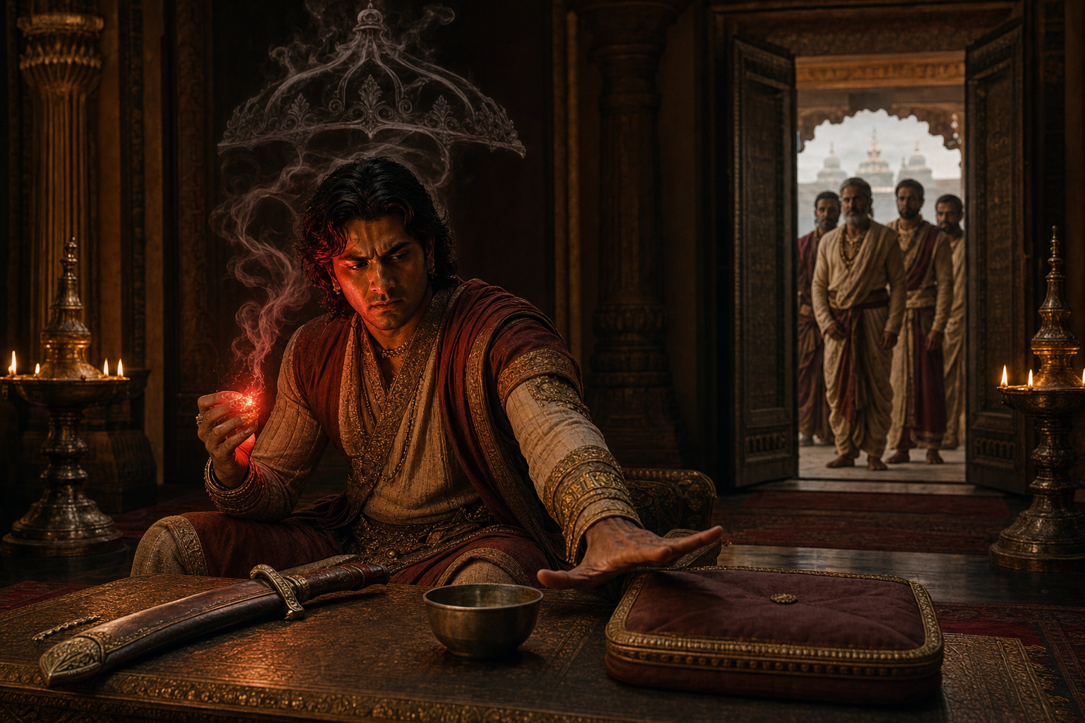 A seated leader grips a glowing ember as its smoke forms a canopy, while advisers wait outside the council chamber.