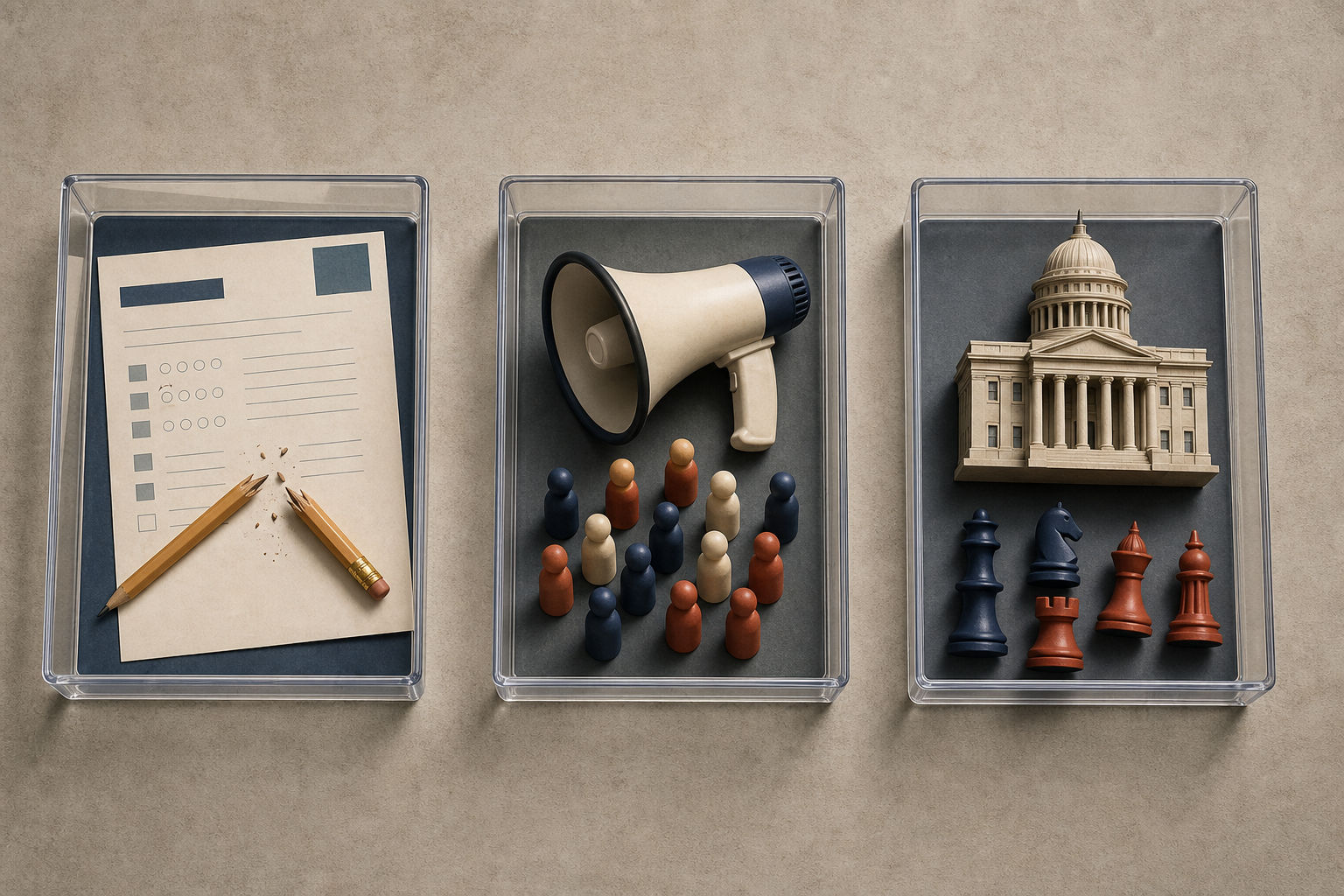 Three separate evidence trays contain examination materials, protest symbols, and political chess pieces.