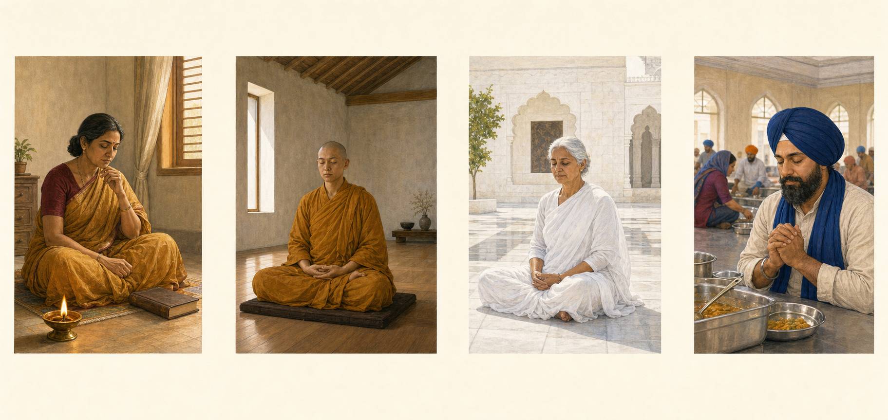 Four separate vignettes show a person reflecting beside a lamp, a robed monastic meditating, a white-clad practitioner seated in a stone courtyard, and a turbaned volunteer pausing in a communal kitchen.