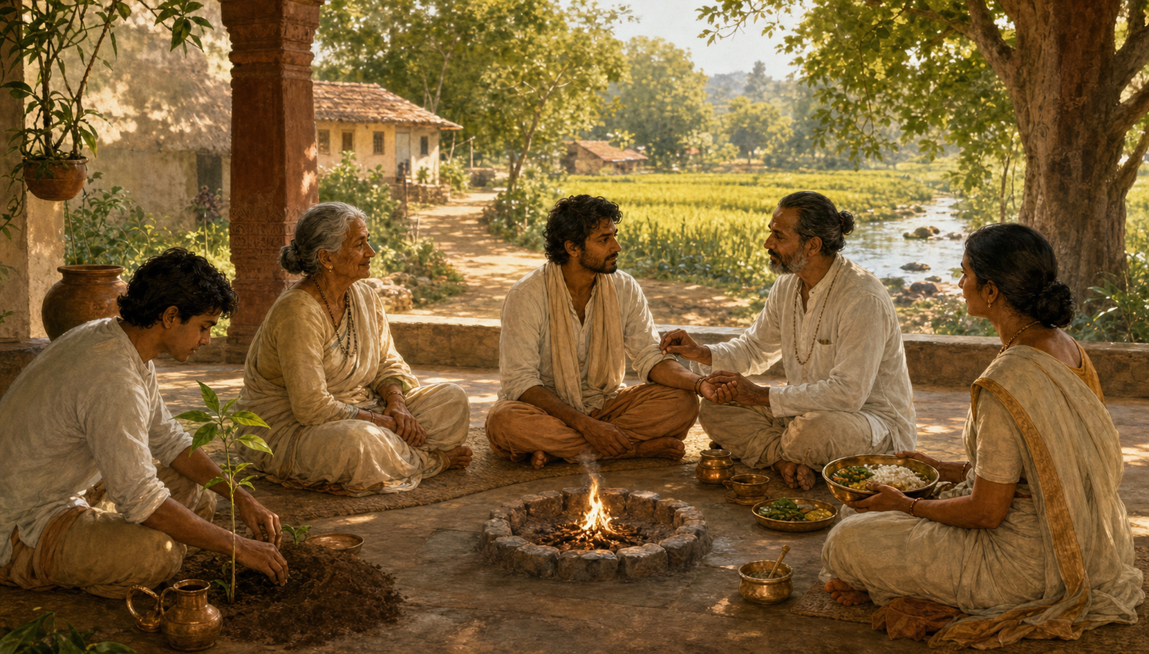 A practitioner, elder, healer, family member, and young gardener sit around a small contained flame in a temple courtyard.