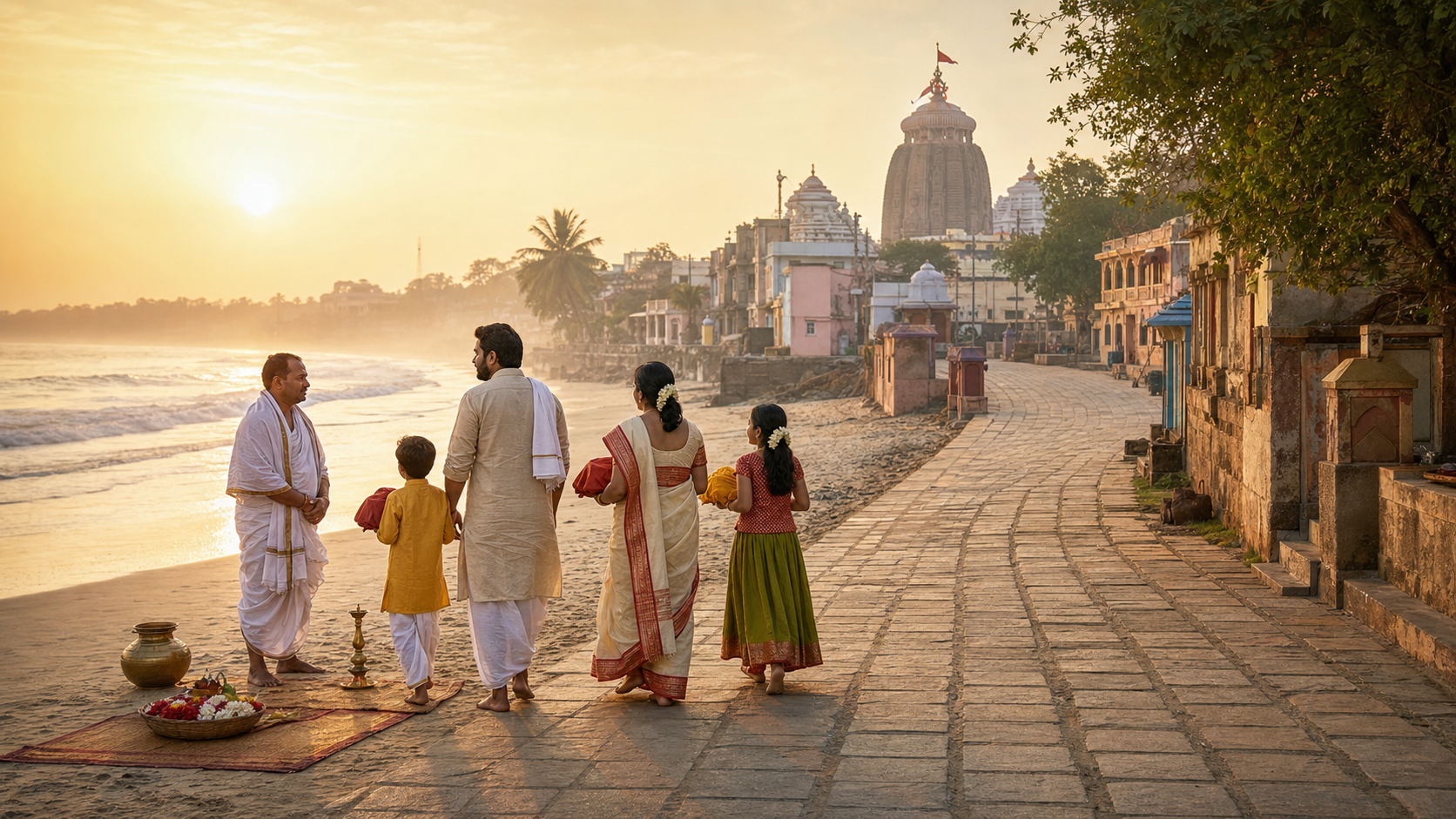 A family and priest move from the Bay of Bengal along a historic Puri lane toward the distant tower of the Jagannath Temple.
