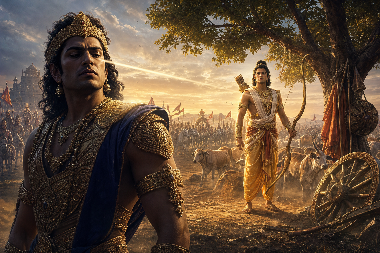 Duryodhana turns from Arjuna at Virata War battlefield with shami tree, cattle, chariots and golden dawn light