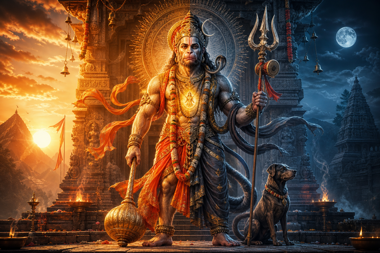 Hanubhairav divine guardian at an ancient Hindu temple with gada, trishula, mandala halo, dawn sun, moonlight, and seated dog