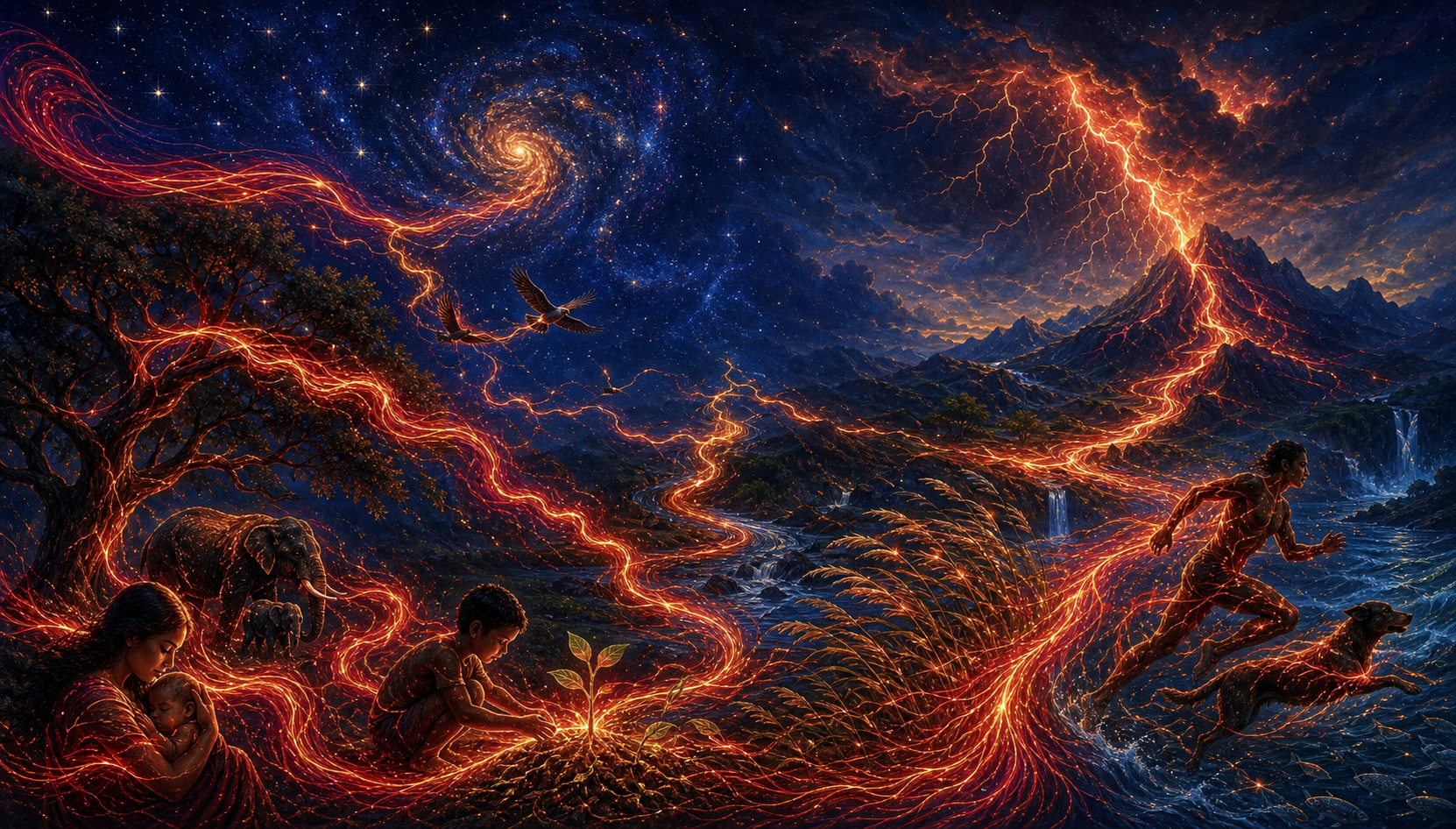 Red-gold light moves through lightning, fire, water, plants, earth, and living figures beneath a deep indigo sky.
