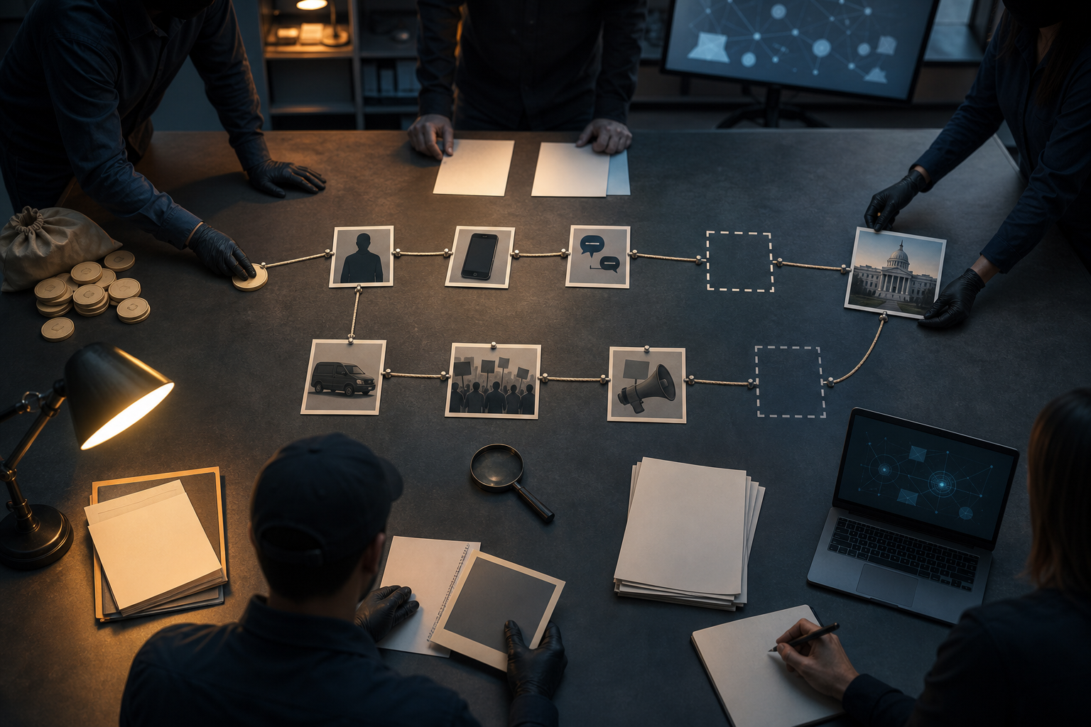 Investigators examine a partly disconnected chain of objects representing funding, communication, transport, protest activity, and political power.