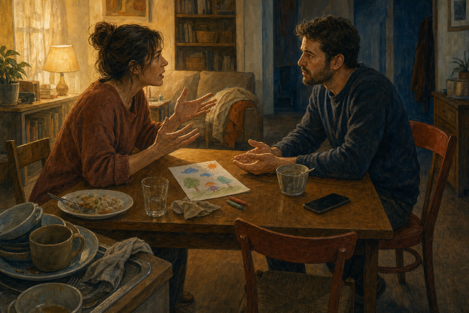 Two adults have a difficult conversation at a dining table while one speaks emotionally and the other listens with open posture and steady eye contact.