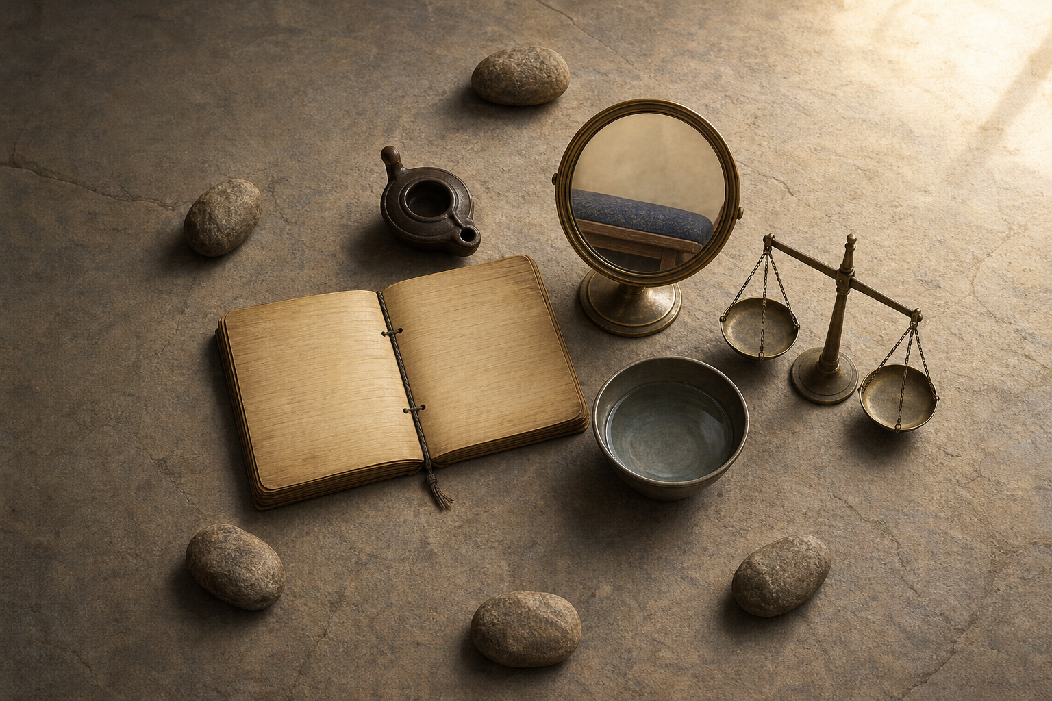 A blank palm-leaf manuscript, bronze mirror, empty balance, water bowl, and unlit lamp lie within an incomplete circle of stones.