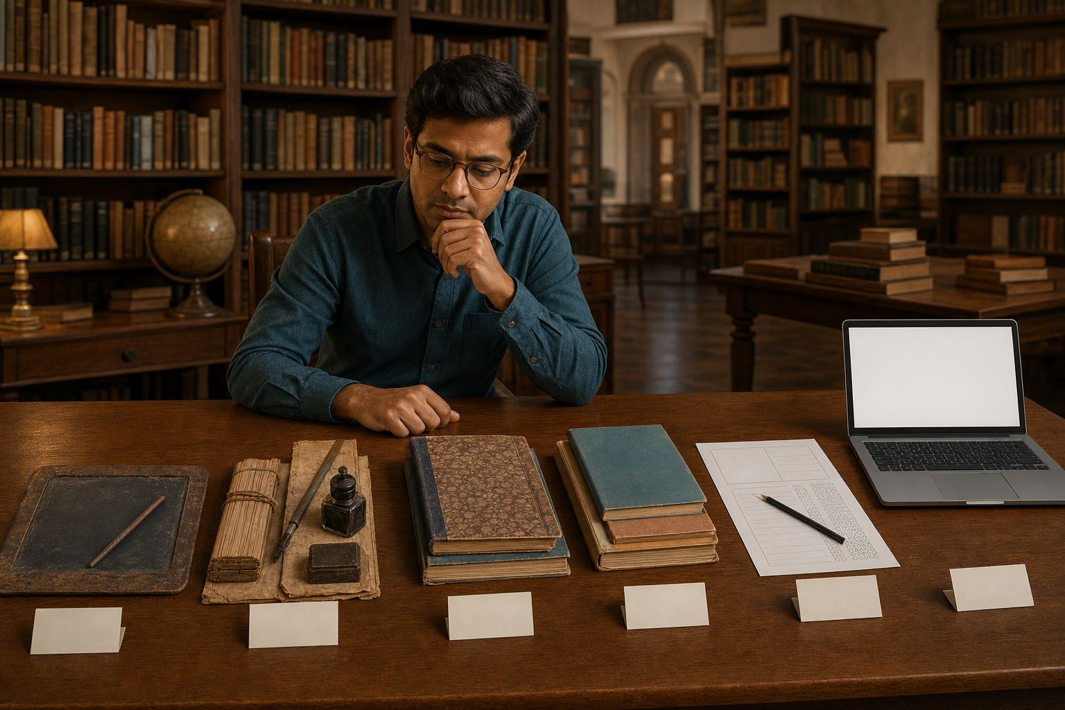 A researcher compares educational artifacts from different historical periods at a library table.