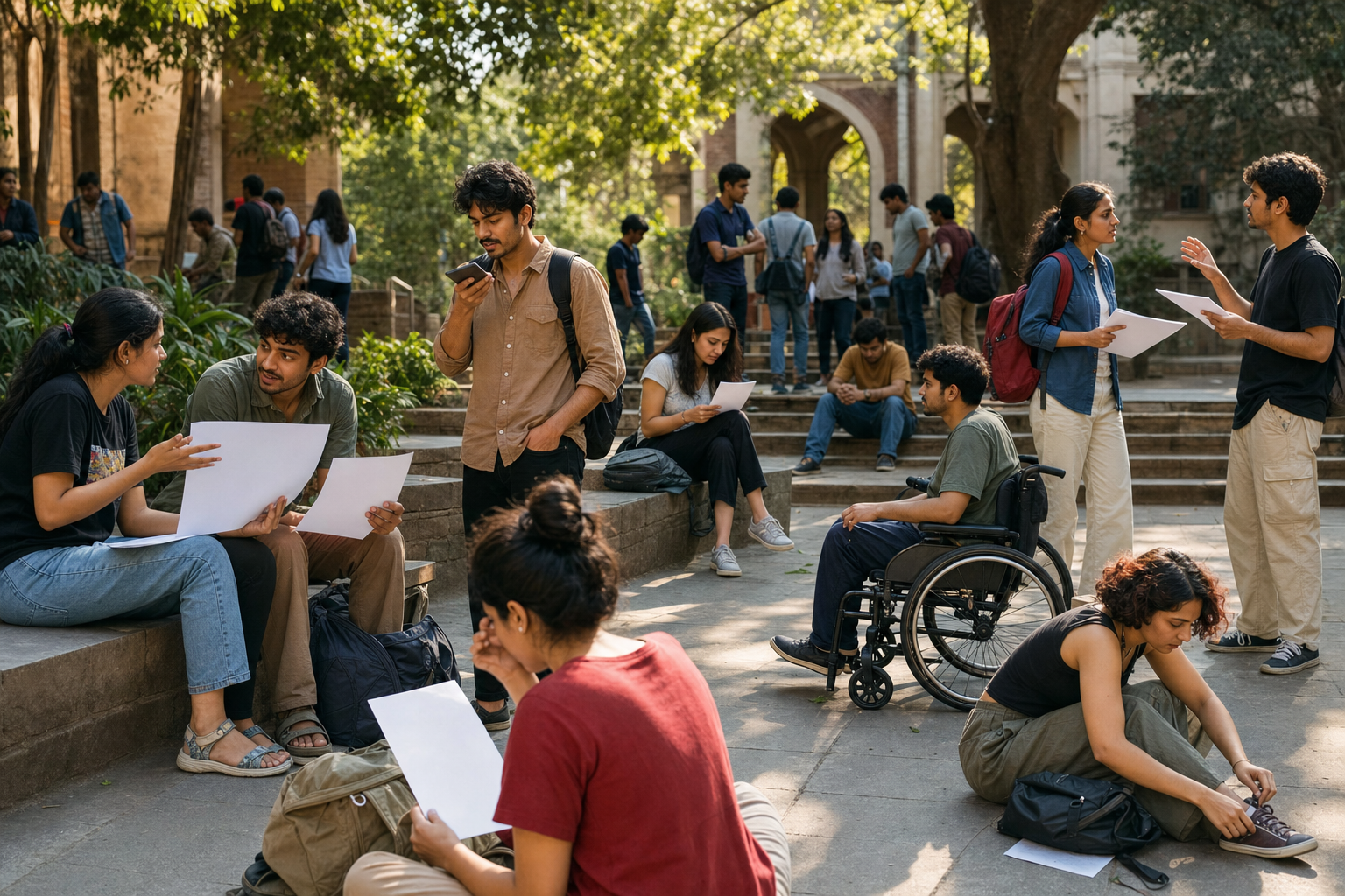 A diverse group of young students study, talk, disagree, record audio, help one another, and sit apart in a campus courtyard.