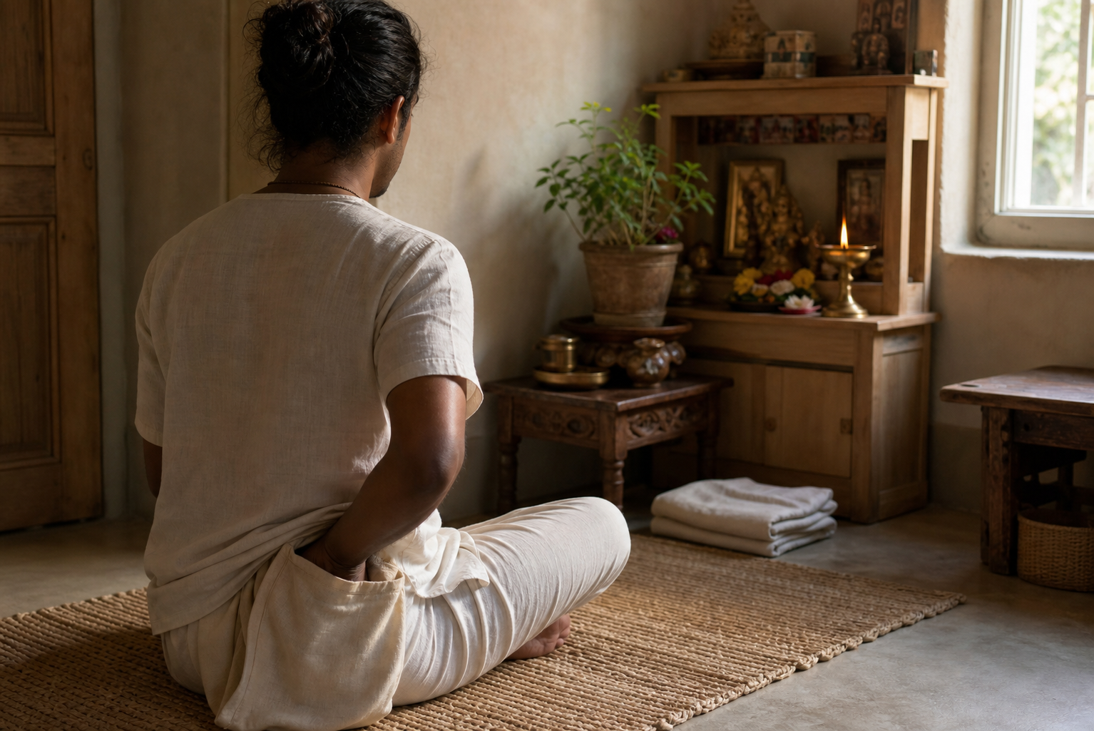A practitioner sits on a woven mat using japa beads before a small home altar with a tulasi plant, flowers, and an oil lamp at dawn.