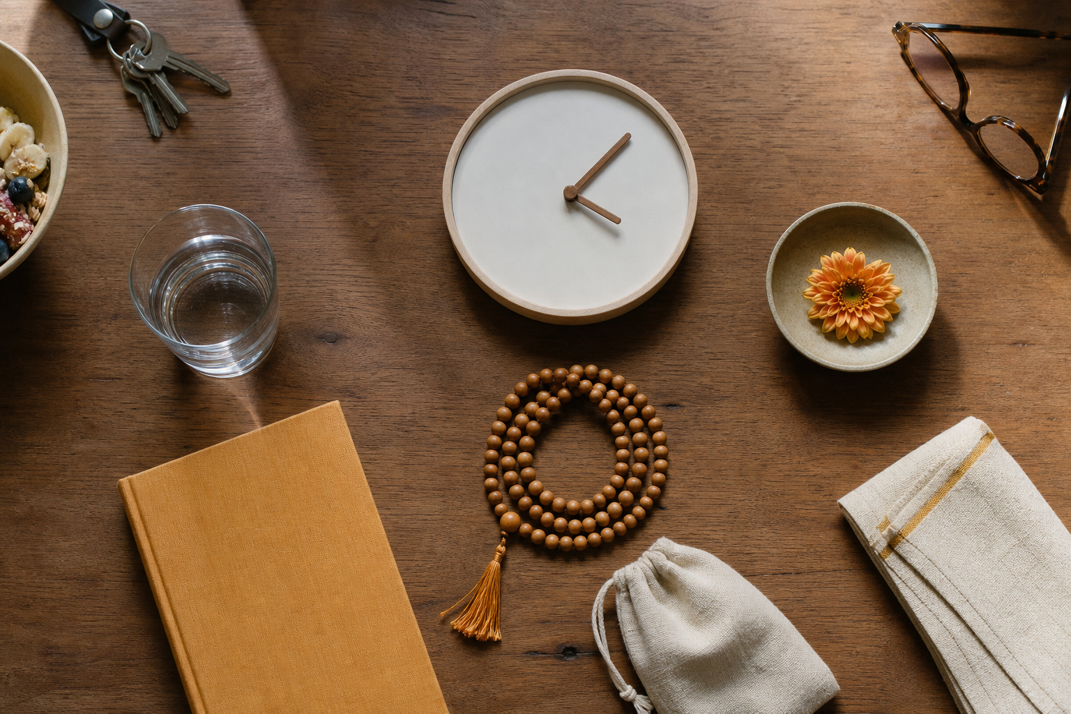 Japa beads, a bead bag, an unmarked book, a flower, a clock, and everyday household objects are arranged on a wooden table.