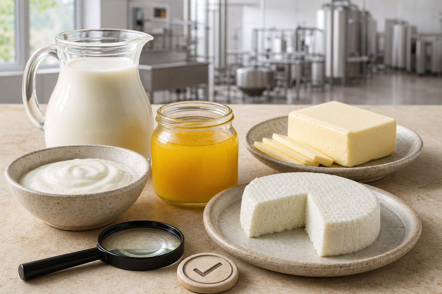 Unbranded milk, ghee, curd, butter, and cheese displayed beside a magnifying glass and a plain verification seal.
